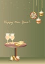 Happy New Year 2023. Festive background with gift box and wineglass on the table decorated with clock and balls. Royalty Free Stock Photo